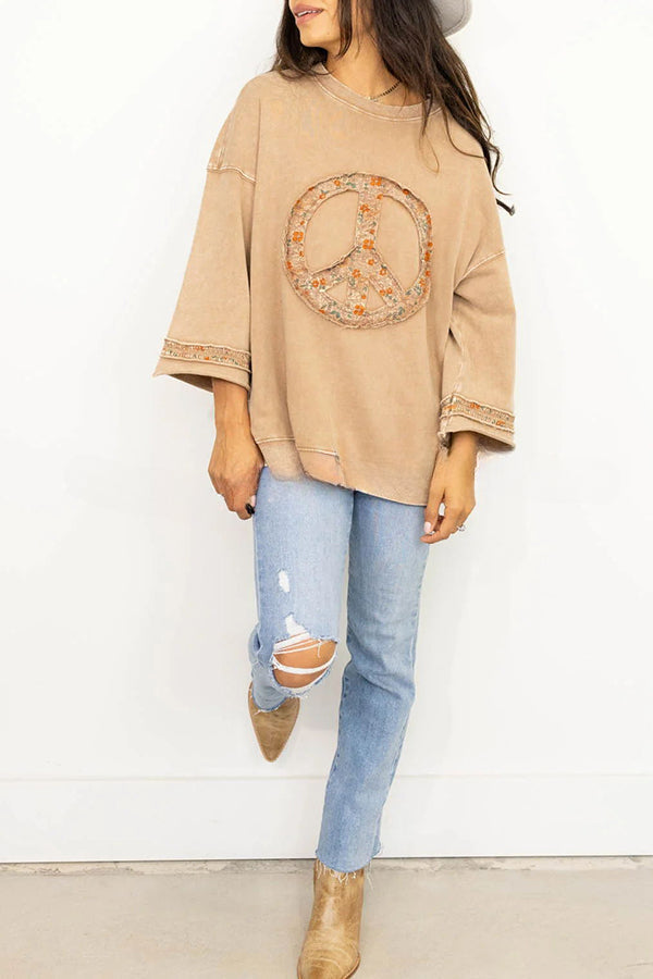 Peace Embroidered Round Neck Long Sleeve Sweatshirt