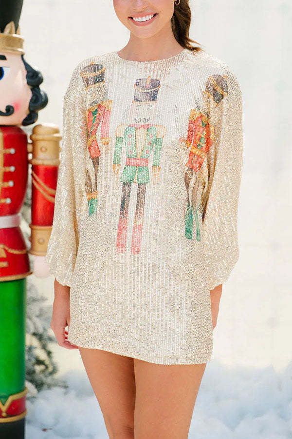 Beauty At The Ball Sequined Nutcracker Print Balloon Sleeve Mini Dress