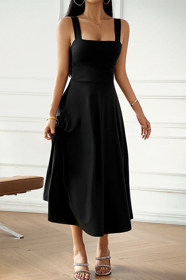 Solid Color Suspender High Waist Strappy Midi Dress