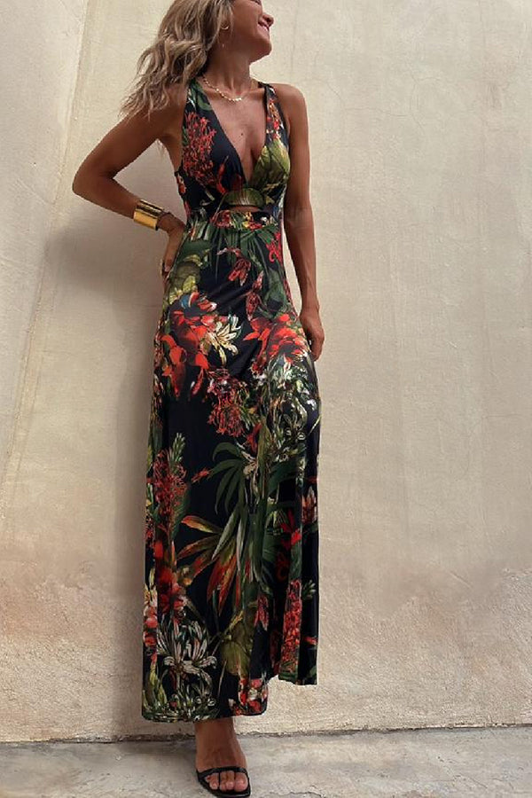 Rainforest Paradise Tropical Print Cutout Back Crossover Stretch Maxi Dress