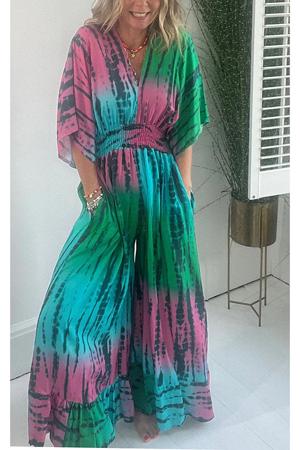 Candis Tie-dye Print Kimono Sleeve Pocketed Smoked Waist Wide Leg Jumpsuit