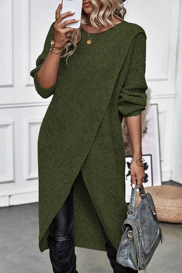 Essence Solid Wrap Hem Knitted Long Sleeve Midi Sweater