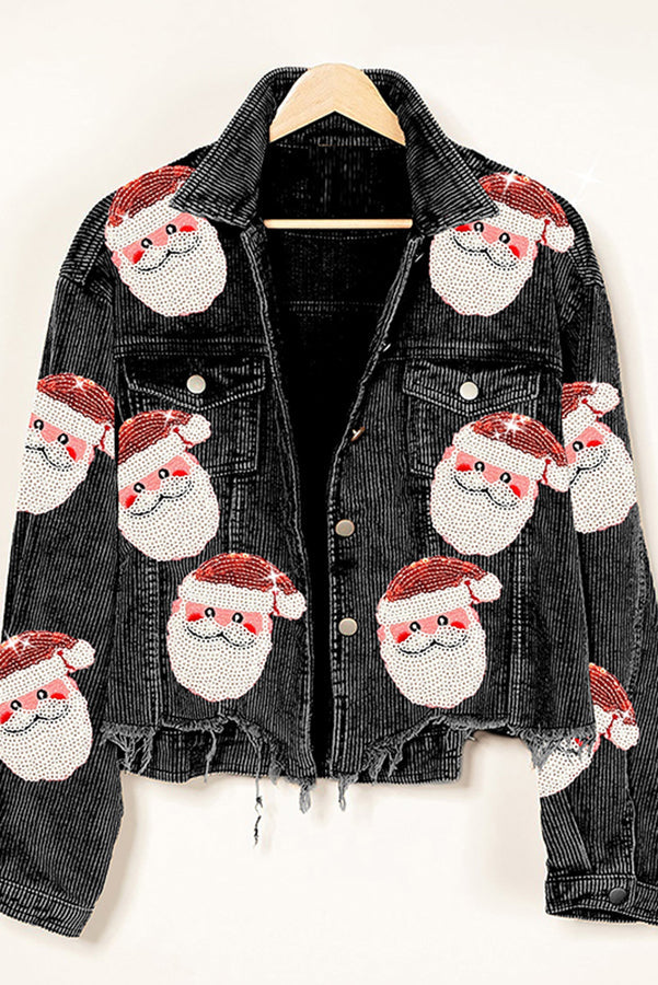 Santa Sequined Patchwork Corduroy Buttoned Fringed Pocket Coat