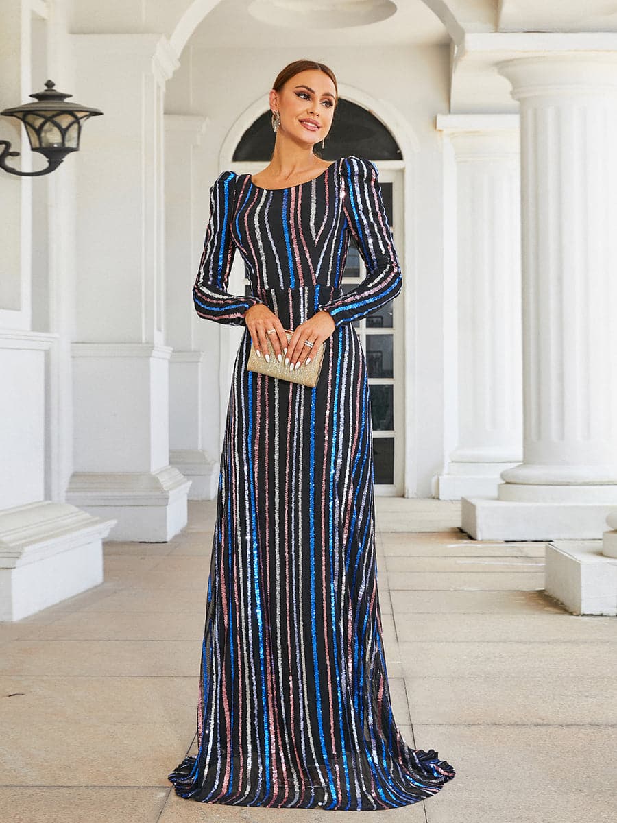 Crew Neck Striped Sequin Blue Evening Dress XJ1966