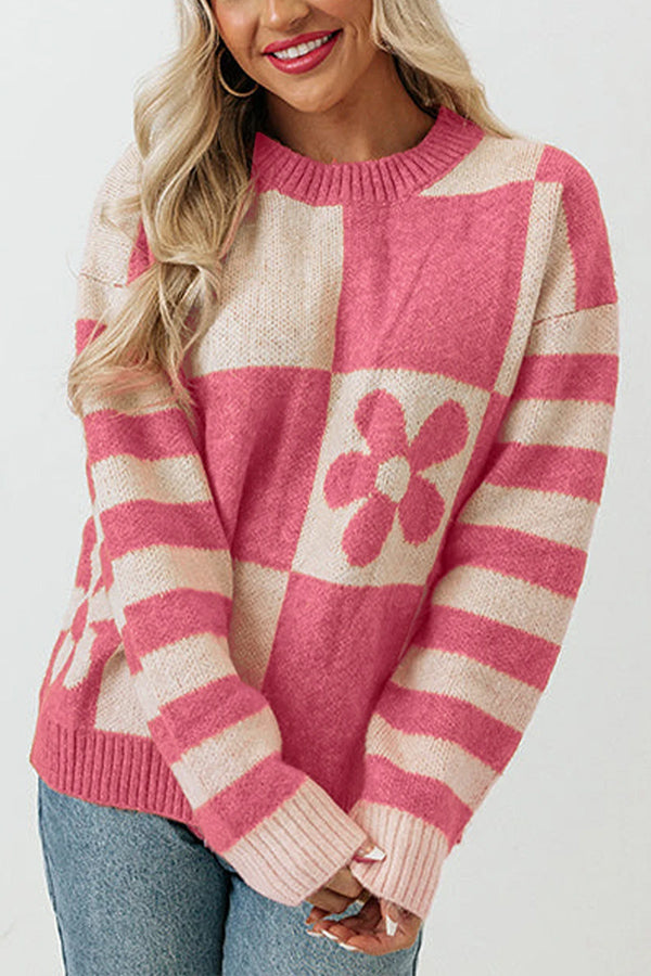 Checkered and Striped Knitted Pullover Sweater