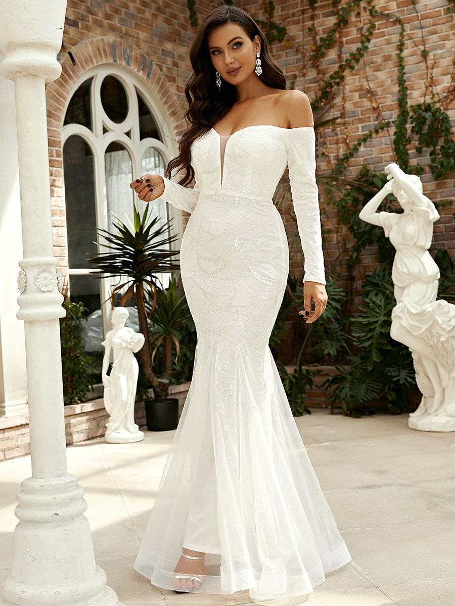 Off Shoulder Long Sleeve Mermaid Hem Sequin Wedding Dress XJ1718