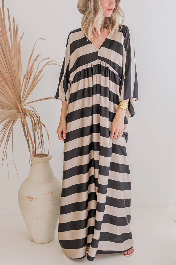 Black Striped Colorblock Flounce Sleeve Floor Length Dress