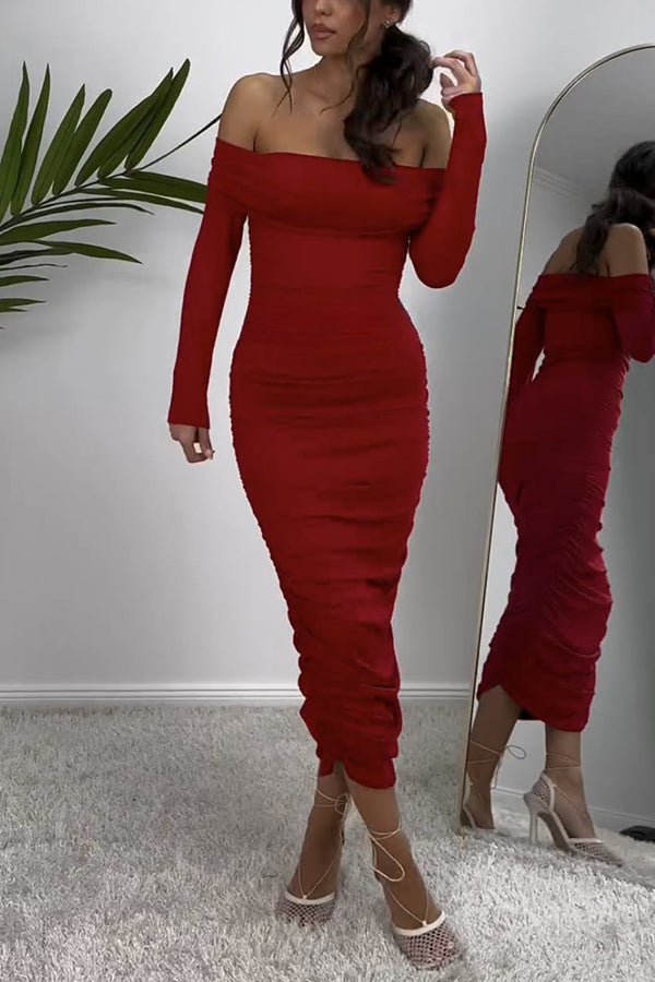 Desirable Beauty Off Shoulder Long Sleeve Ruched Stretch Maxi Dress