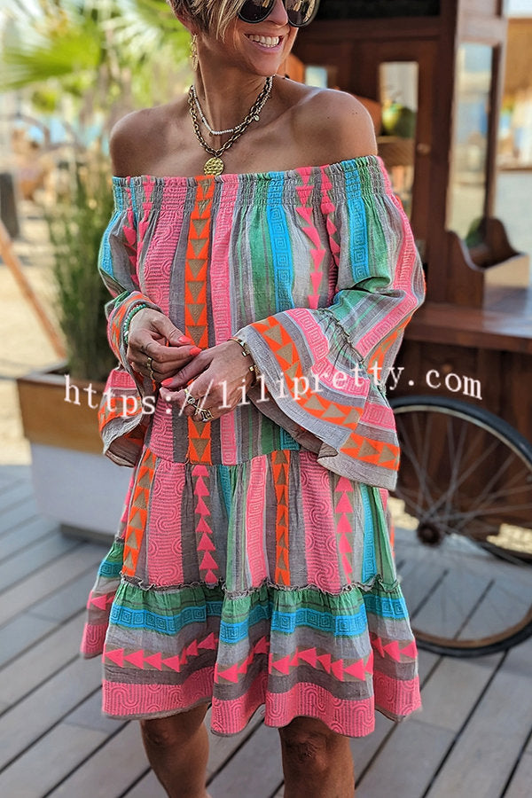 Friendly Shores Linen Blend Ethnic Print Off Shoulder Loose Mini Dress