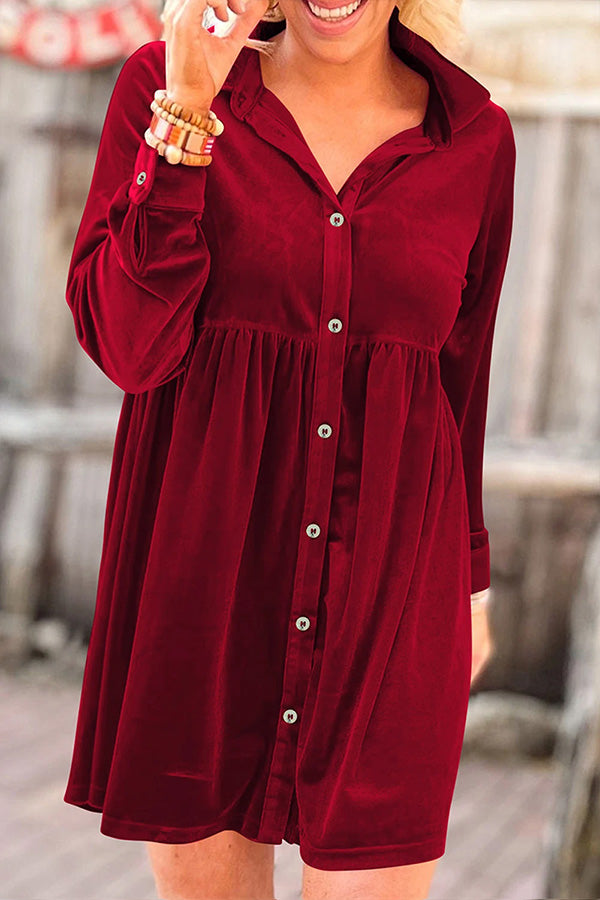 Long Sleeve Ruffle Velvet Button Up Shirt Dress