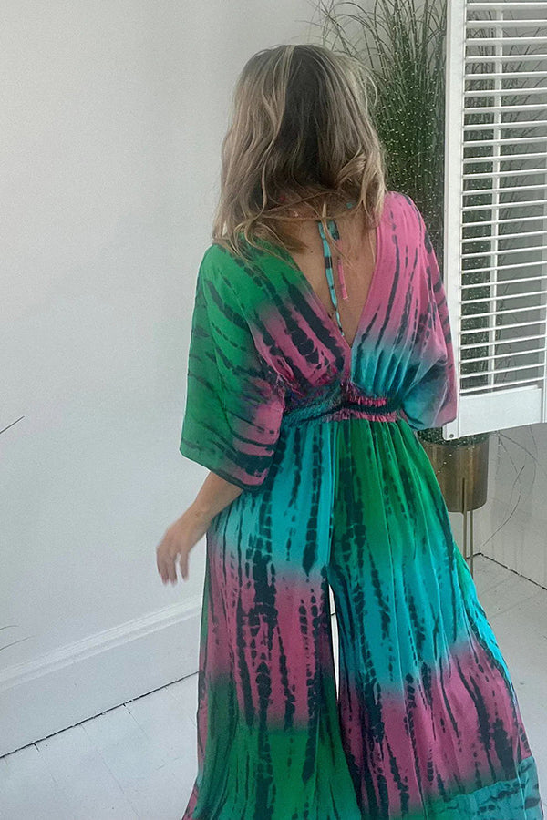 Candis Tie-dye Print Kimono Sleeve Pocketed Smoked Waist Wide Leg Jumpsuit