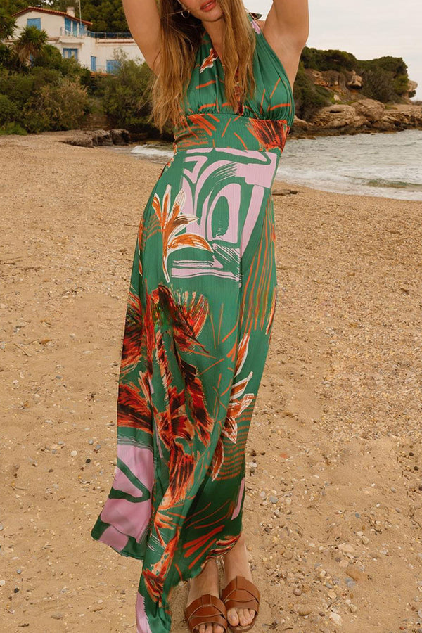 Hidden Paradise Tropical Printed Cross Over Halter Backless Maxi Dress