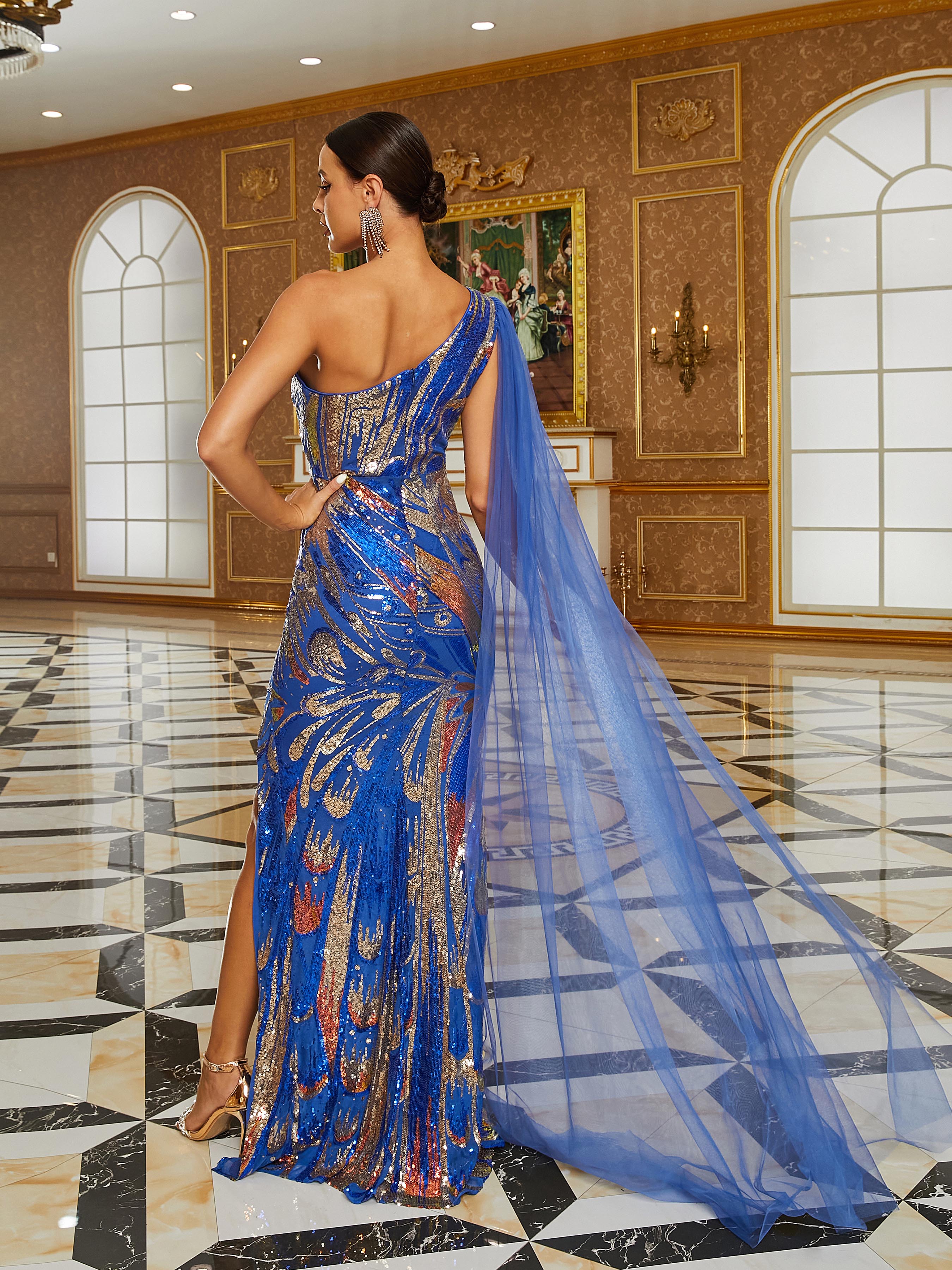 One Shoulder Draped Sleeve Maxi Blue Evening Dress RJ10562