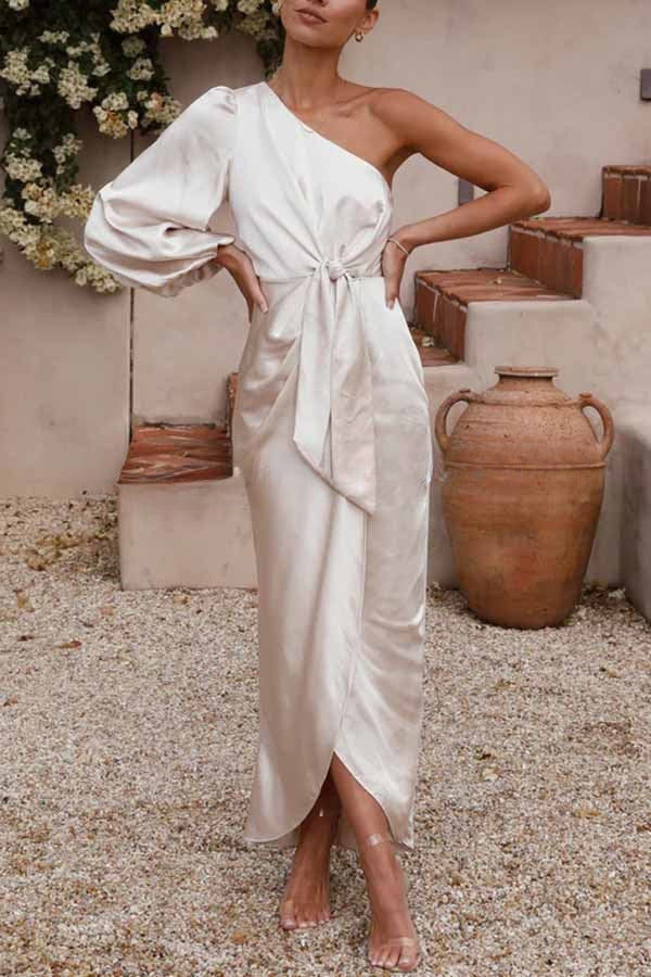 Endearing Romance Satin One Shoulder Front Tie Up Slit Maxi Dress