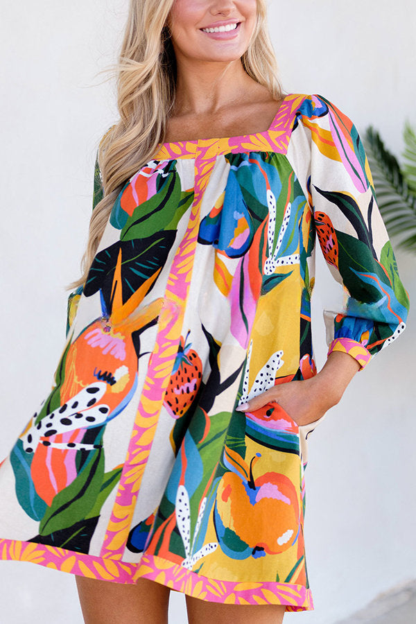 Shining Beauty Linen Blend Tropical Abstract Print Pocketed Mini Dress