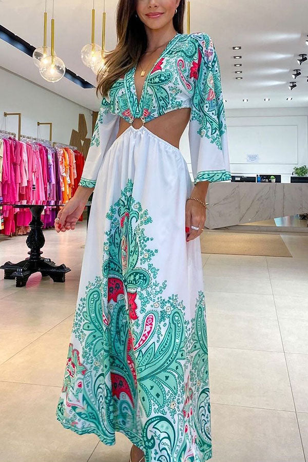 Endearing Melody Paisley Print Cutout Waist Maxi Dress