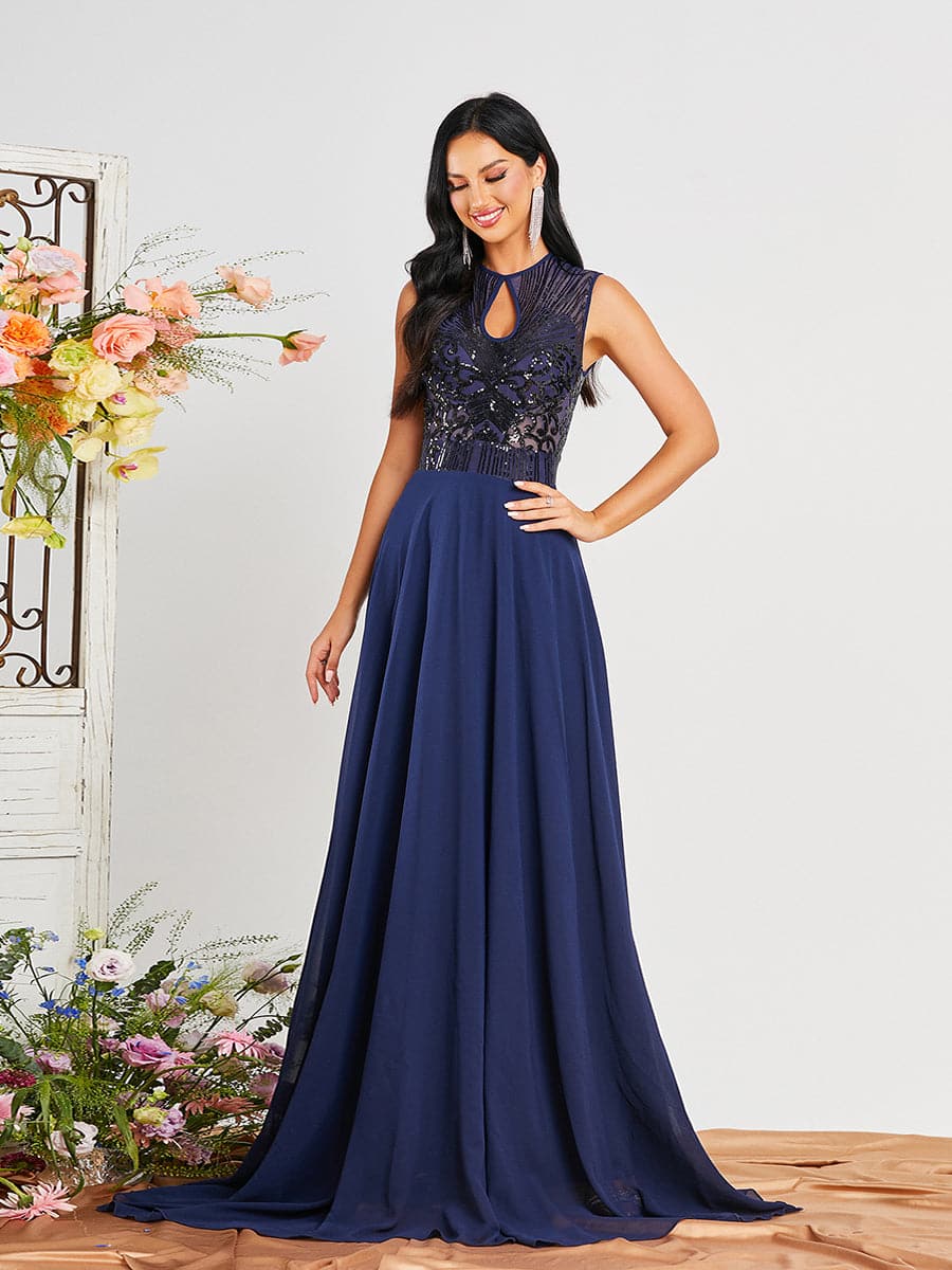 A-Line Sleeveless Panel Chiffon Blue Maxi Prom Dress RM20393