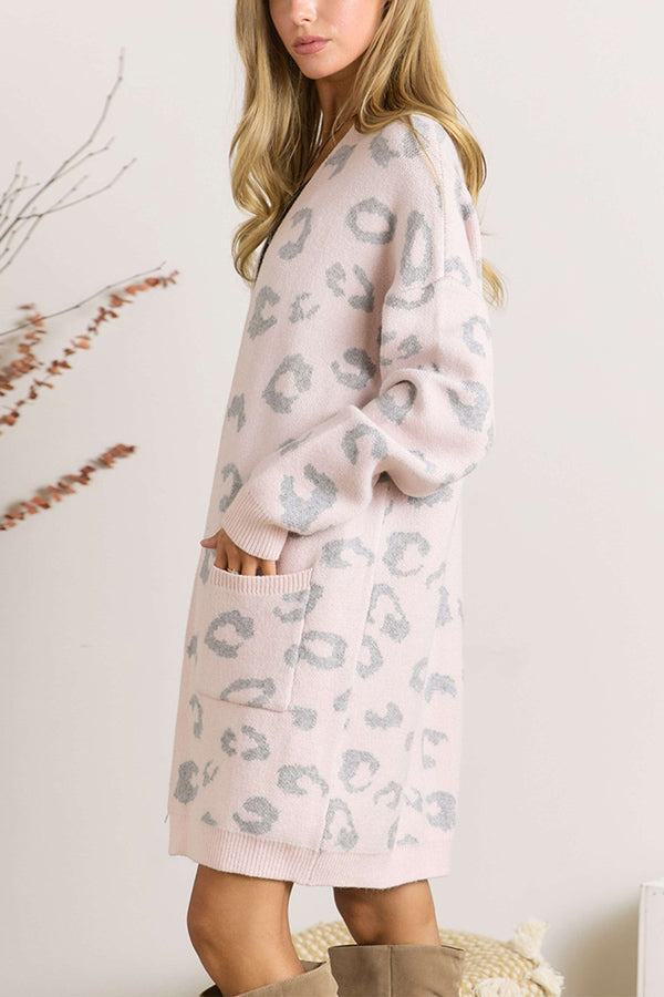 Pink Leopard Side Pockets Open Front Long Cardigan