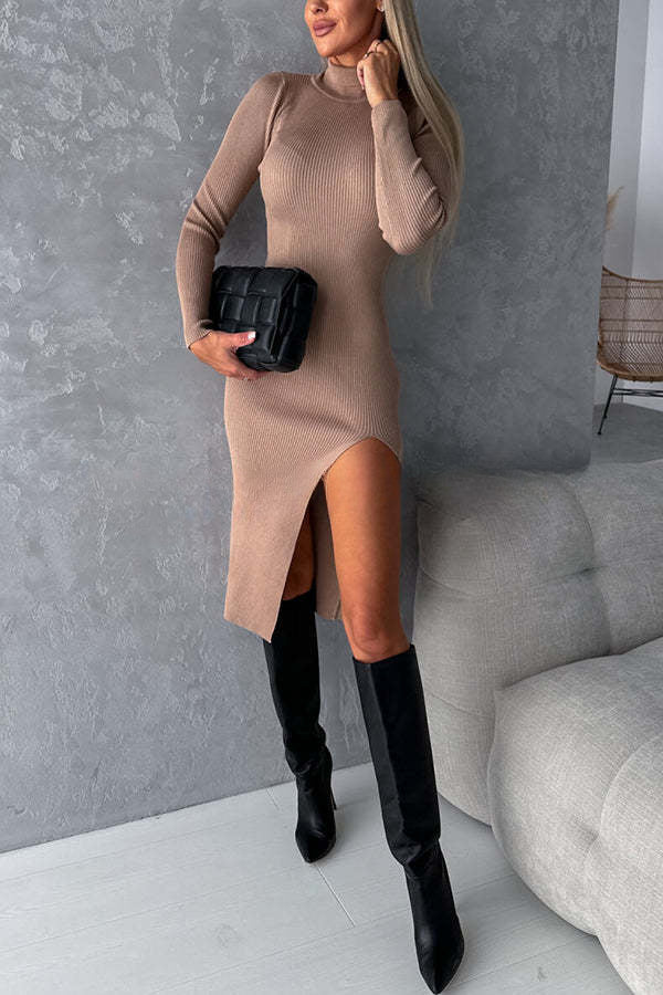 Morning Escape Knit Turtleneck Long Sleeve Slit Irregular Midi Dress