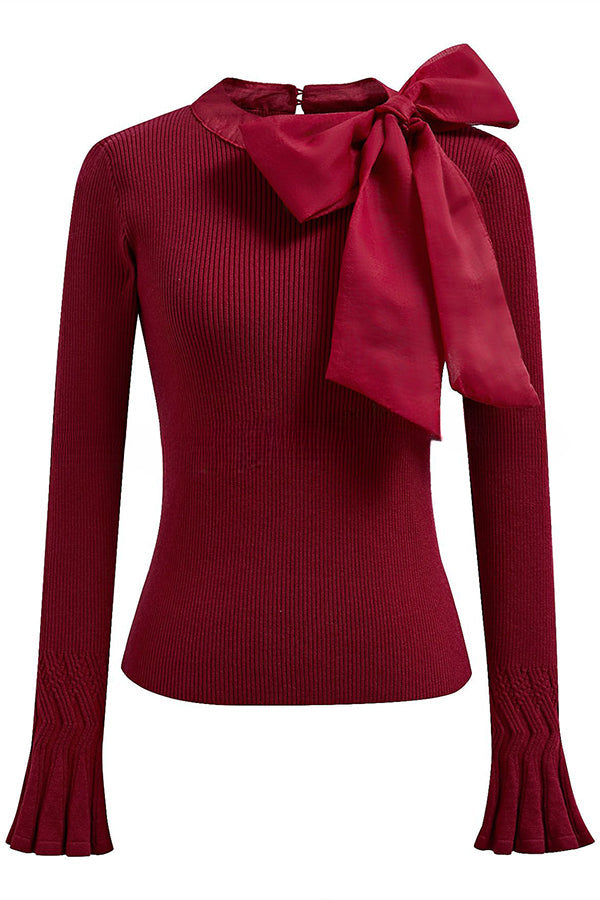 Fancy with Ribbed Knit Bowknot Neck Bell Sleeve Top