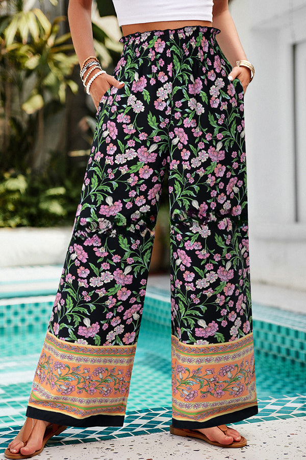 Floral Print Stretch Waist Pocket Wide Leg Pants