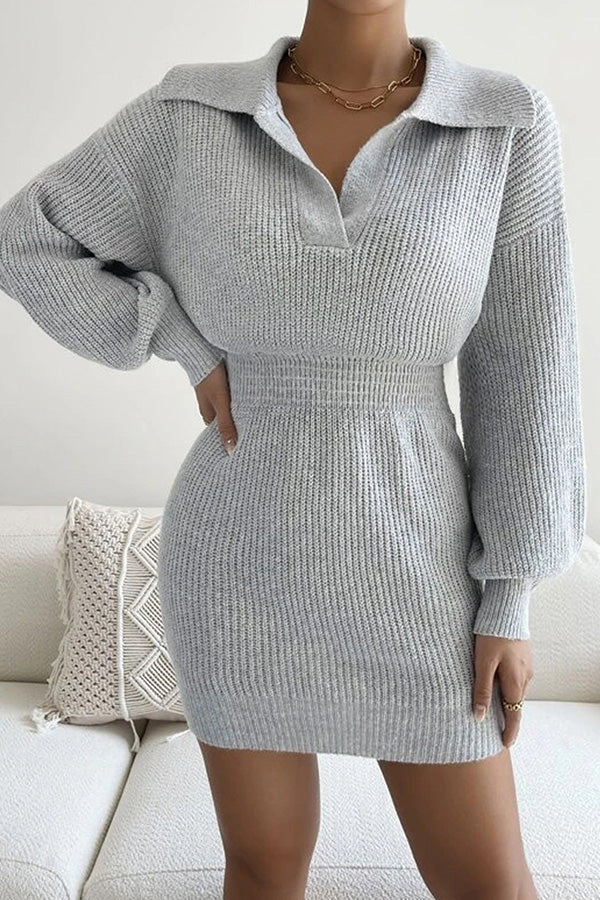 Lapel Balloon Sleeve Knit Dress