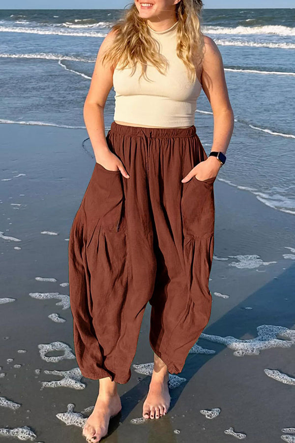 Diani Linen Blend Drawstring Waist Pocketed Loose Pants