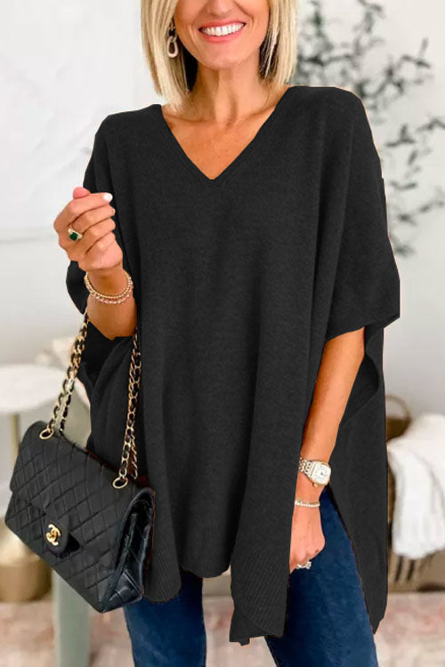 Chicest V Neck Loose Fit Solid Poncho Sweater