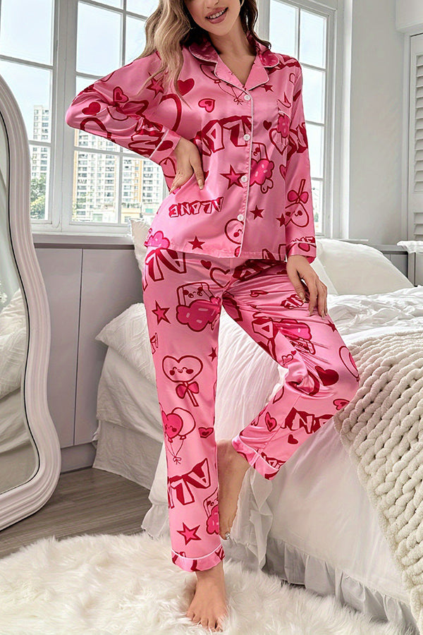 Eye Catching Printed Lapel Pocket Button Lounge Pant Suit