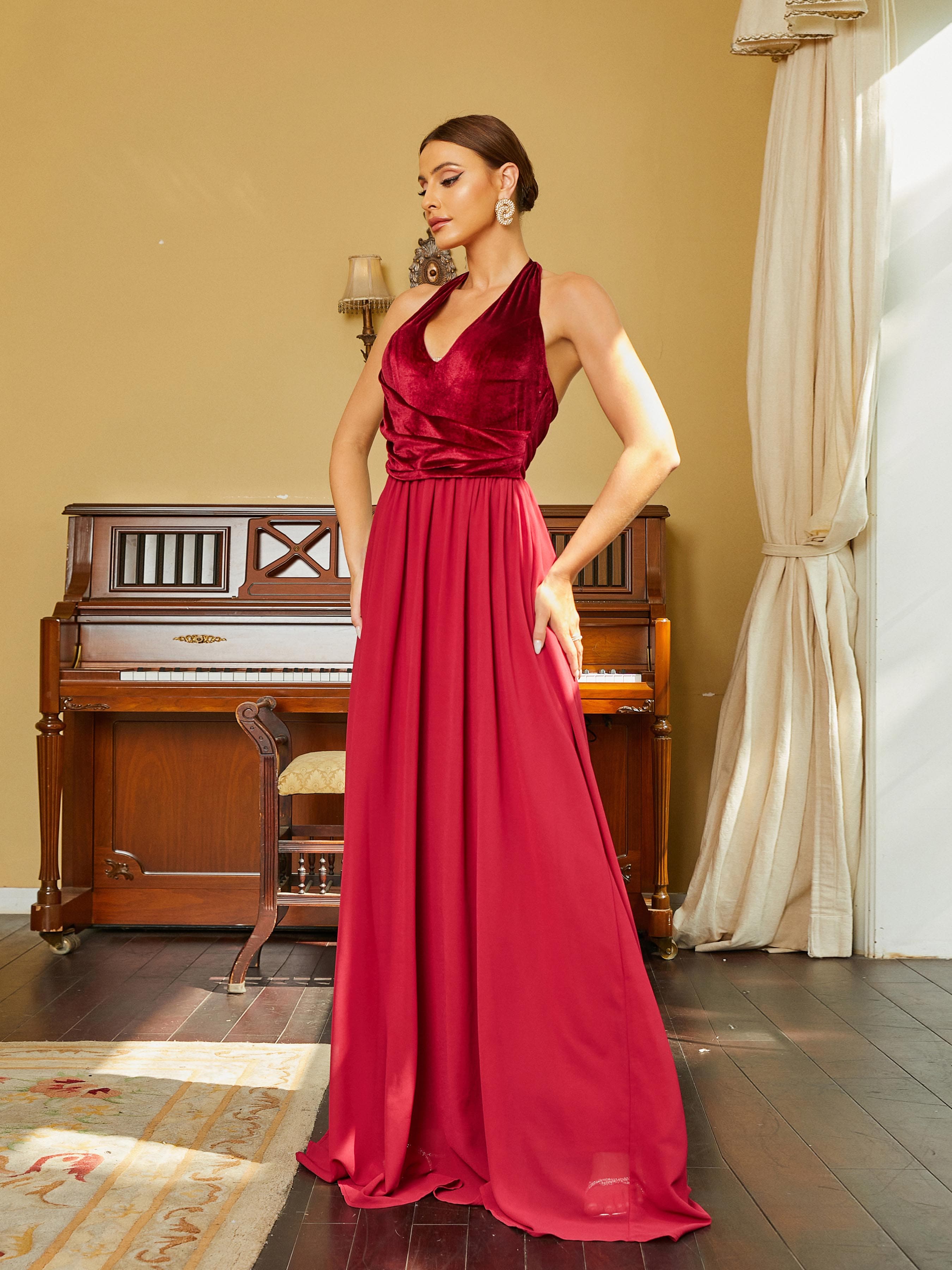 Halter A-Line Panel Chiffon Wine Prom Dress RH30611