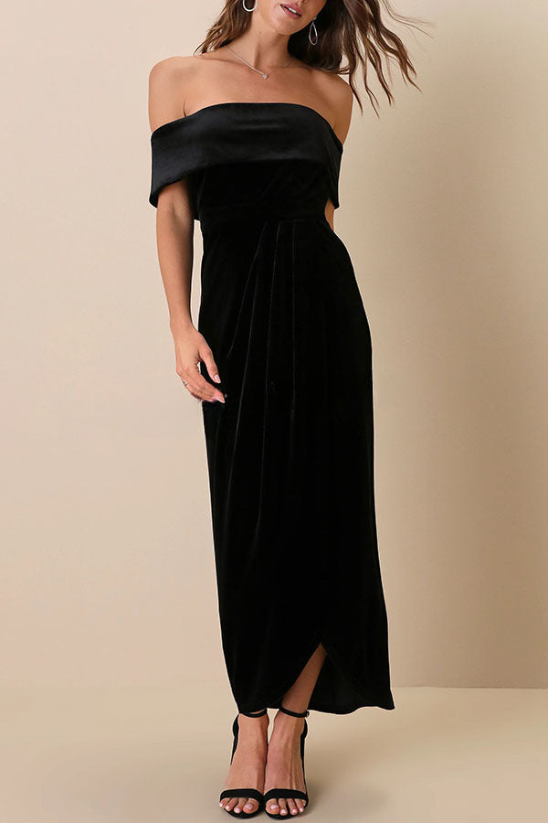 Enchanted Black Velvet Off The Shoulder Midi Dress