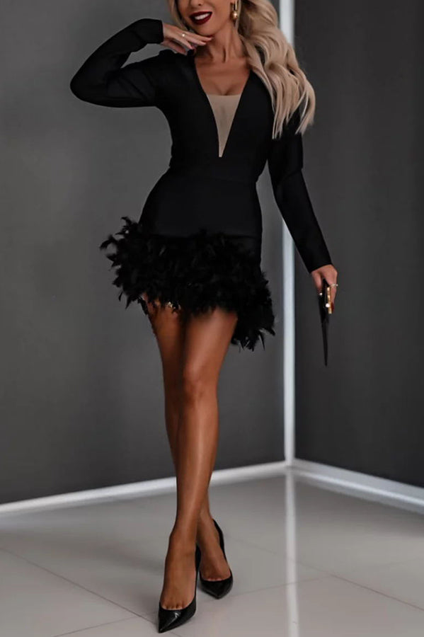 Make Your Entrance Feather Long Sleeve Asymmetric Party Mini Dress