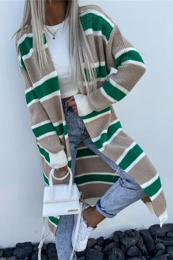 Striped Side Pocket Buttonless Long Sleeve Knit Cardigan