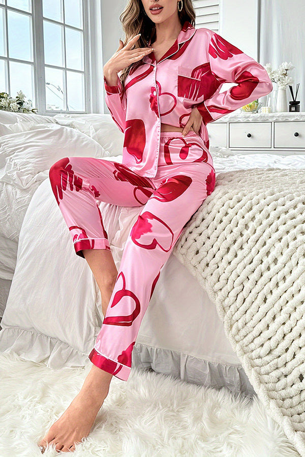 Eye Catching Printed Lapel Pocket Button Lounge Pant Suit