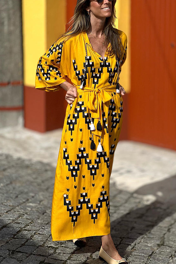 Yellow Loose V Neck Resort Dress