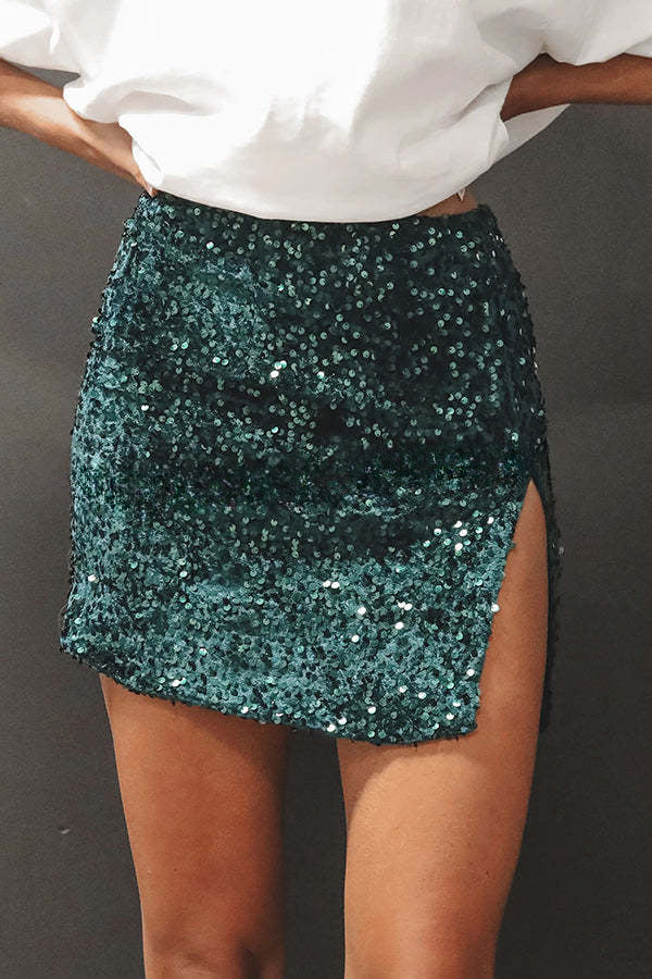 Eye Catching Sequined Back Zip High Slit Skirt