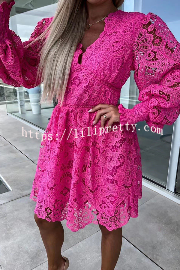 Luxe Debut Floral Crochet Lace Lantern Sleeve Mini Dress