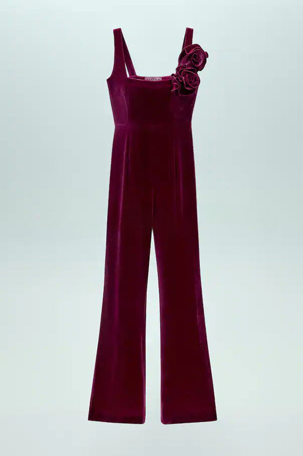 Wine Tasting Velvet Rose Design Wide Straps Flared Jumpsuit