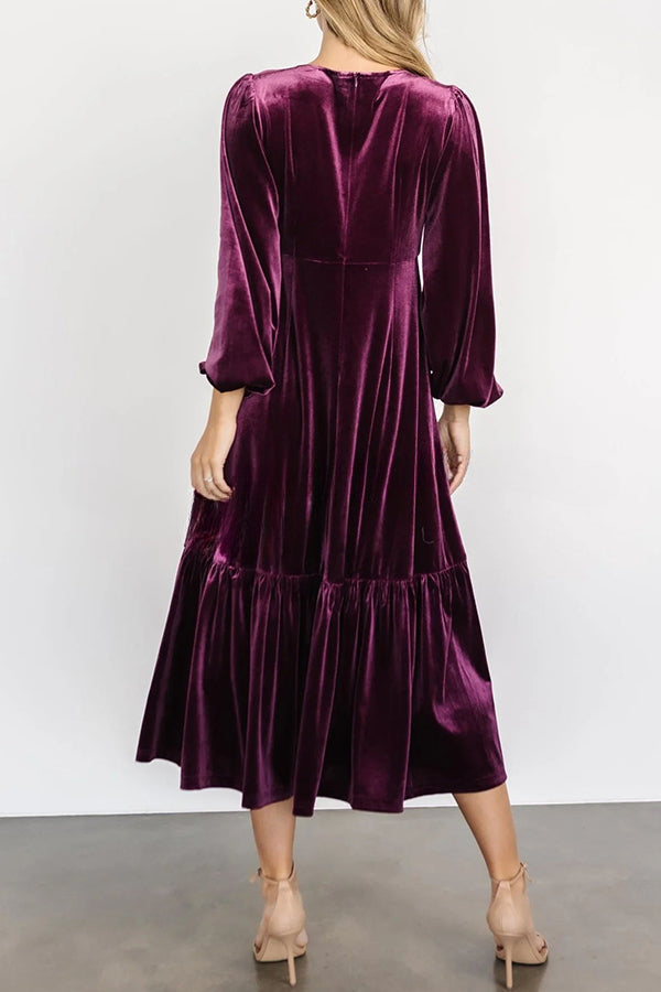 Erika Puff Sleeved Velvet Ruffled Midi Dress