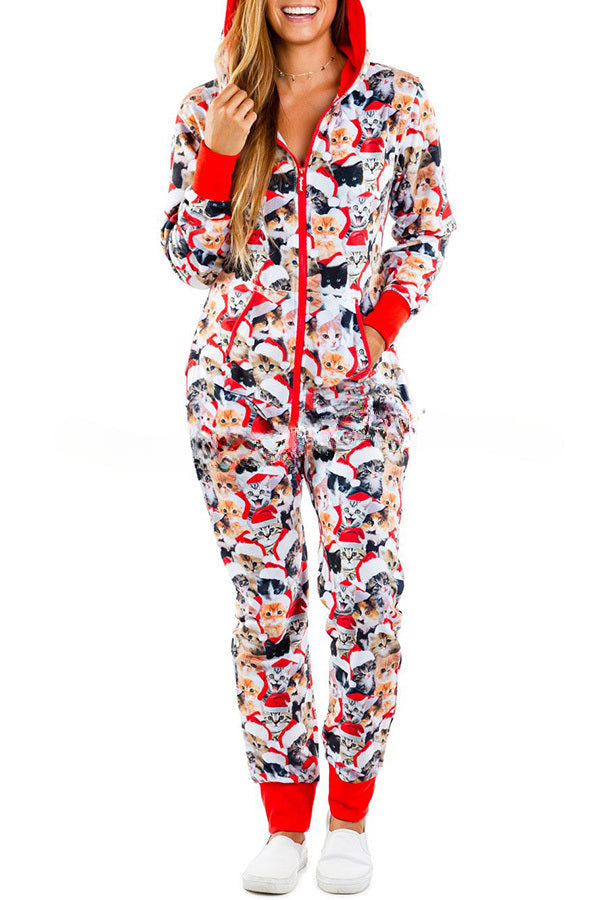 Christmas Print Zipper Pocketed Hooded Loungewear Jumpsuit