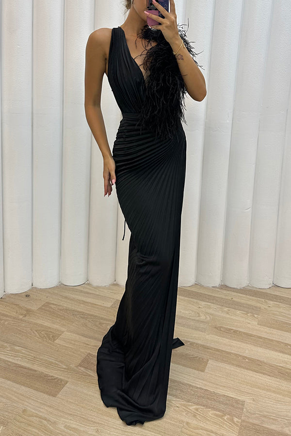 Forever Stunning Pleated Feather Trim Slit Evening Maxi Dress