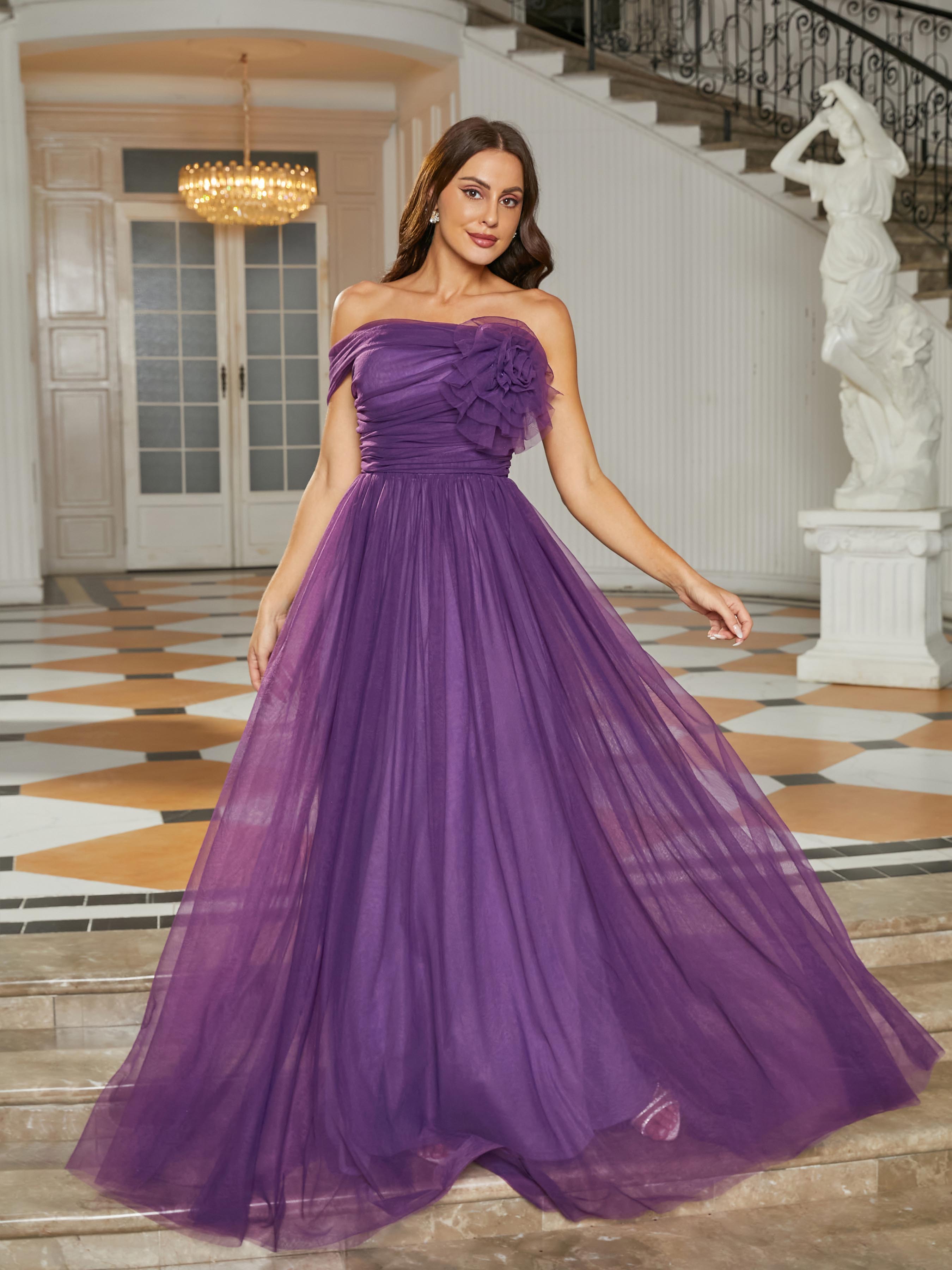 Off Shoulder Pleated A-Line Purple Tulle Bridesmaid Dress RJ10715