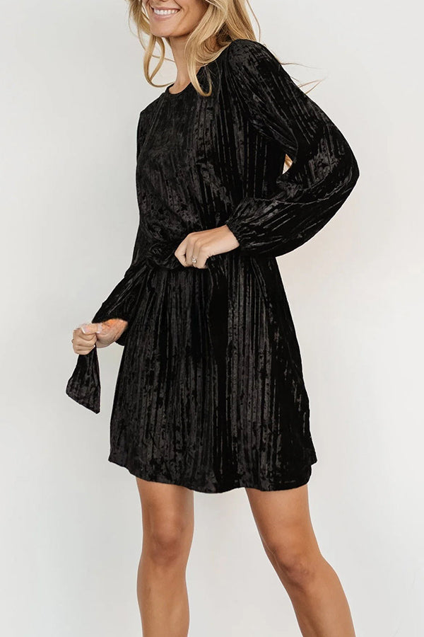 Anastasia Crew Neck Lace Up Velvet Long Sleeve Mini Dress