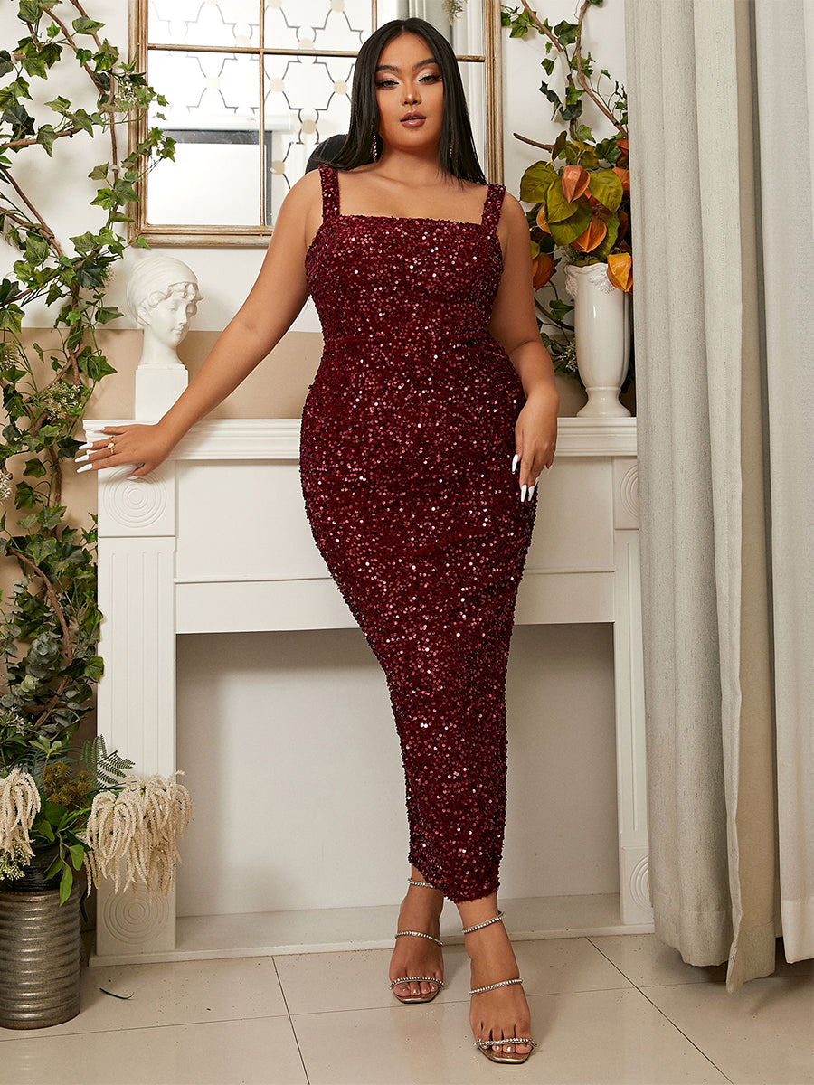 Plus Size Square Neck Sleeveless Midi Sequin Dress PXJ468