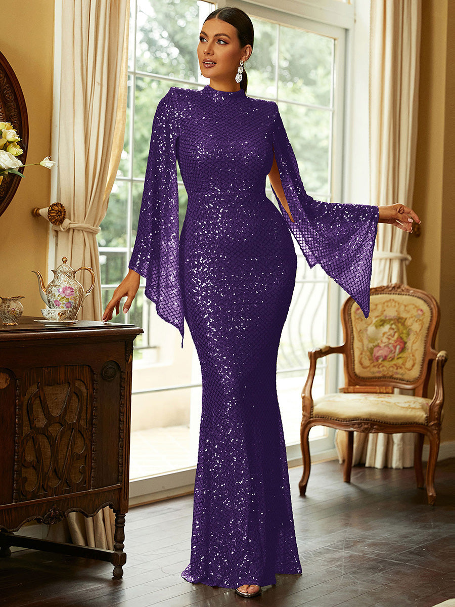 Glitter Bell Sleeve Elegant Mermaid Prom Dress XJ1263