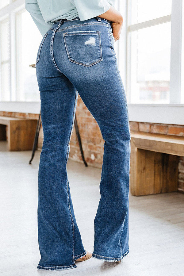 Washed High Rise Pocket Button Wide Leg Jeans