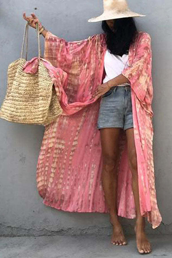 Boho Tie-dye Print Hooded Kimono Cover-up