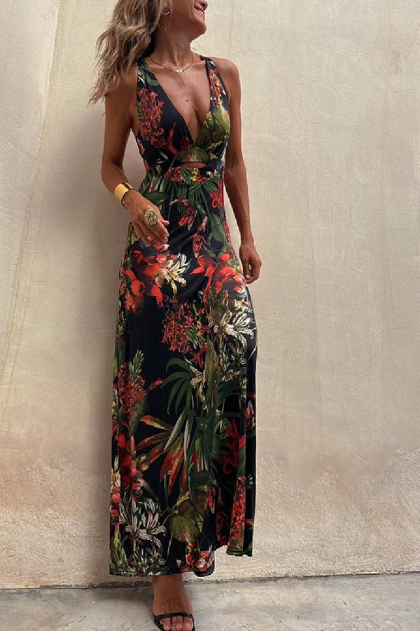 Rainforest Paradise Tropical Print Cutout Back Crossover Stretch Maxi Dress