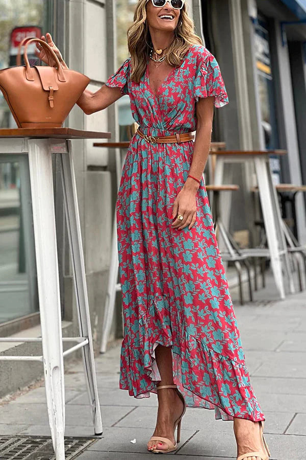 Joyful Living Floral Ruffle High Low Midi Dress