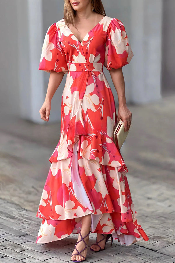 Fashionable Elegant V Neck Printed Layered Dress